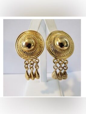Vintage-Inspired Gold Dangle Clip-On Earrings with Teardrop Charms